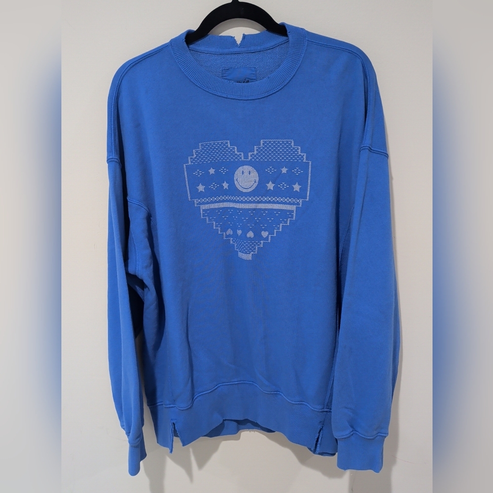 Aerie Love This Moment Oversized Sweater Smiley Heart Cobalt Dive S/P
